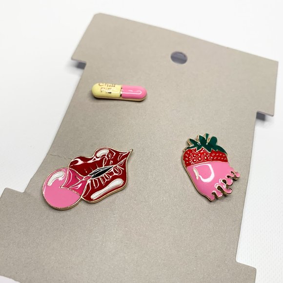 NEW BP set of 3 enamel pins pink red chill pill strawberry bubble gum - Picture 1 of 3